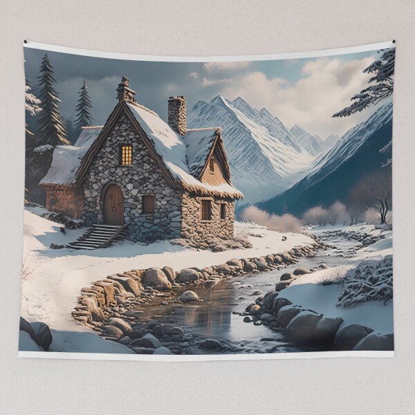 Item preview, Beautiful cozy fantasy stone cottage in a winter forest aside a cobblestone path and a babbling brook. Stone wall. Mountains in the distance. Magical snow and feel, hyper realistic. designed and sold by WhiteDoveArt.