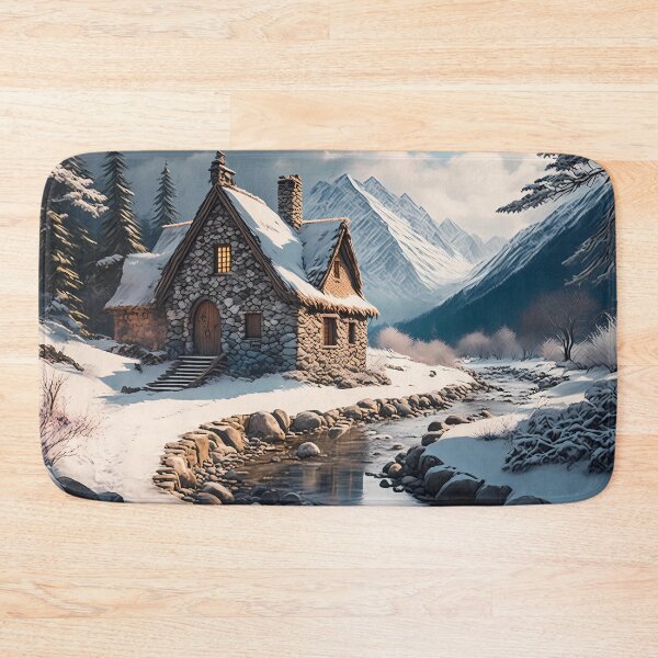 Item preview, Beautiful cozy fantasy stone cottage in a winter forest aside a cobblestone path and a babbling brook. Stone wall. Mountains in the distance. Magical snow and feel, hyper realistic. designed and sold by WhiteDoveArt.