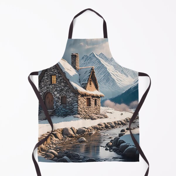 Item preview, Beautiful cozy fantasy stone cottage in a winter forest aside a cobblestone path and a babbling brook. Stone wall. Mountains in the distance. Magical snow and feel, hyper realistic. designed and sold by WhiteDoveArt.