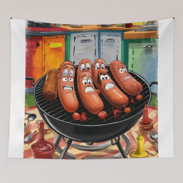 Item preview, Sausages in fear on the grill. designed and sold by MyHappyArtShop.