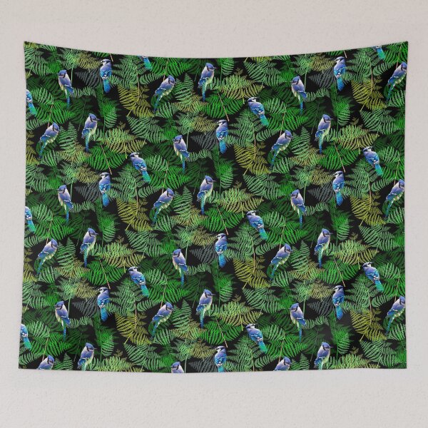 Item preview, Bluejays in the Ferns Half Drop on Black designed and sold by Art in My Loft.