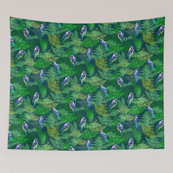 Item preview, Bluejays in the Ferns Half Drop on Dark Teal 004040 designed and sold by Art in My Loft.