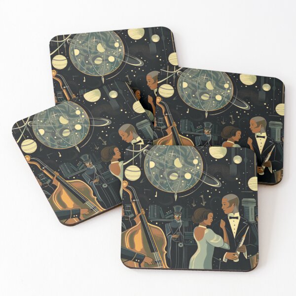 Item preview, Space Opera with 1920s Art Deco aesthetics, illustrated by Art Nouveau artists, featuring jazz-playing androids designed and sold by deepglitchart.
