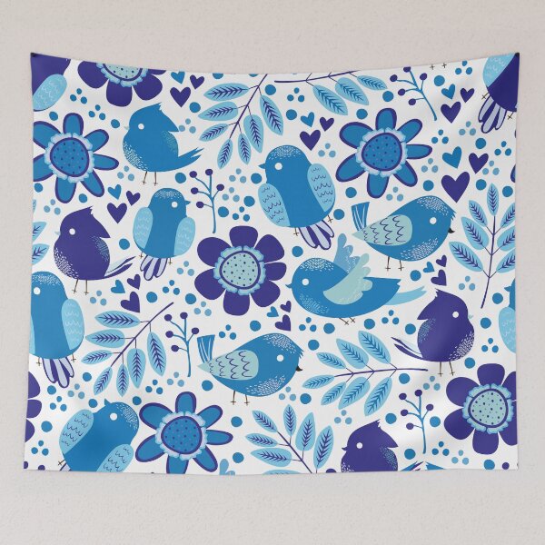 Artikelvorschau, Blaue Vögel Blumenmuster entworfen und verkauft von PinkCrushed.