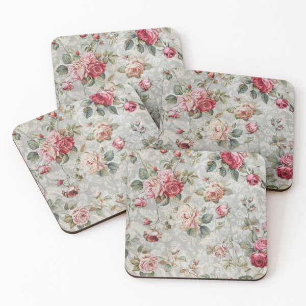 Item preview, Shabby chic red and  pink floral pattern on grey background designed and sold by PrettyPinkSkies.