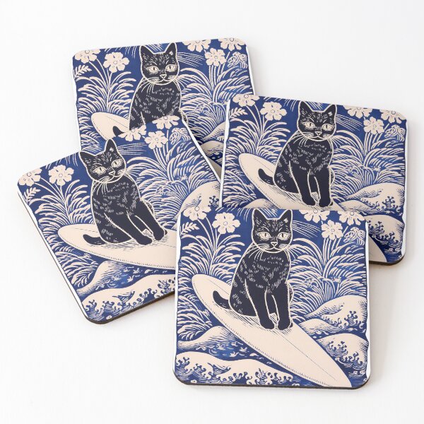 Item preview, Lino cut surf cat designed and sold by Kona Cat Creationz.