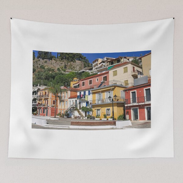 Item preview, Street with old colorful buildings in Parga Greece designed and sold by goceris.