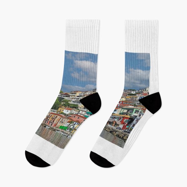 Item preview, Old colorful buildings and castle in Parga cityscape designed and sold by goceris.