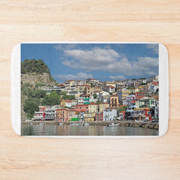 Item preview, Old colorful buildings and castle in Parga cityscape designed and sold by goceris.