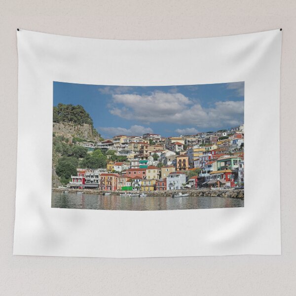 Item preview, Old colorful buildings and castle in Parga cityscape designed and sold by goceris.