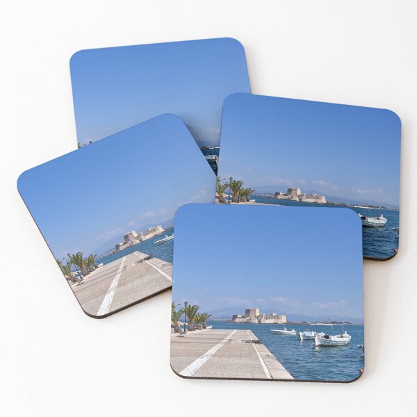 Item preview, Small fishing boats and Bourtzi fortress in Nafplio, Peloponnese, Greece designed and sold by goceris.
