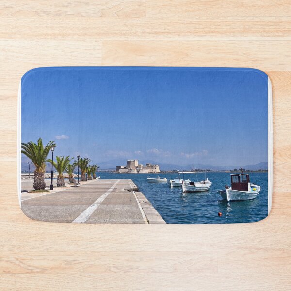 Item preview, Small fishing boats and Bourtzi fortress in Nafplio, Peloponnese, Greece designed and sold by goceris.