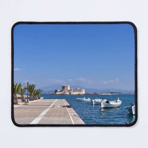 Item preview, Small fishing boats and Bourtzi fortress in Nafplio, Peloponnese, Greece designed and sold by goceris.