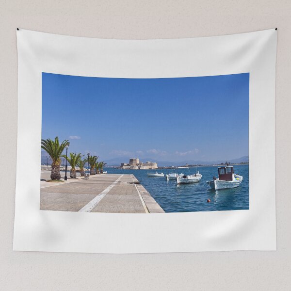 Item preview, Small fishing boats and Bourtzi fortress in Nafplio, Peloponnese, Greece designed and sold by goceris.