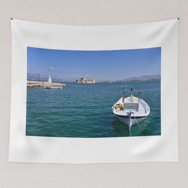 Item preview, Small boat and Bourtzi fortress in Nafplio, Peloponnese, Greece designed and sold by goceris.