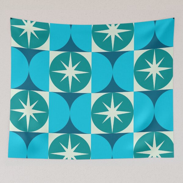 Item preview,  Mid Century Starbursts on Teal Circles and Blue Half Circles  designed and sold by Yasminepatterns .