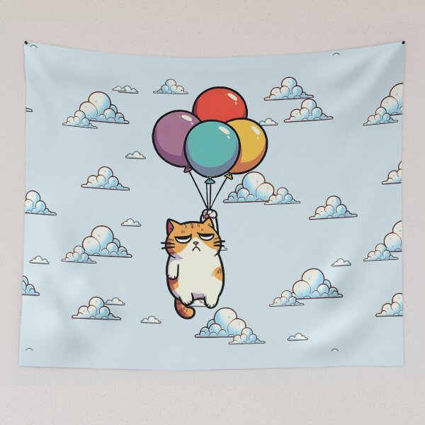 Item preview, Unamused Cat Explorer Cat Flying Off Holding On To Balloons Kawaii Kitty Traverler Exploring the World designed and sold by Gay-Koala.