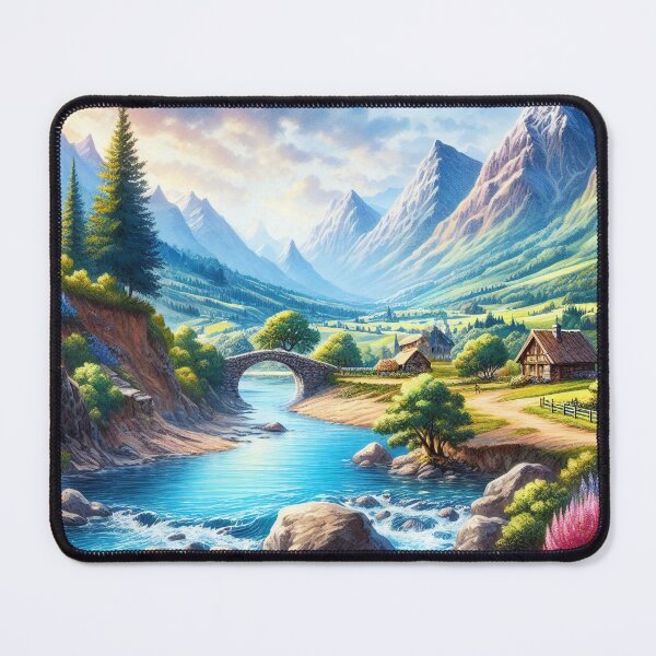 Item preview, Idyllic Mountain Valley with Flowing River designed and sold by ArtComixHaven.
