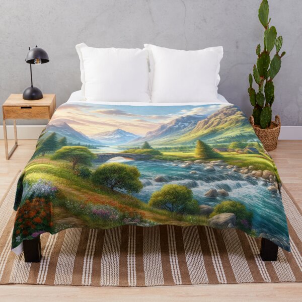 Item preview, Peaceful Mountain Valley with Blooming Flowers designed and sold by ArtComixHaven.