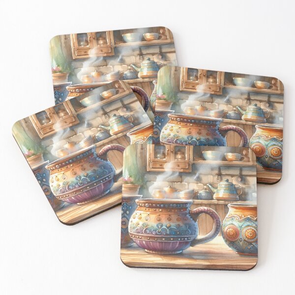 Item preview, Charming Kitchen with Steaming Colourful Mugs designed and sold by ArtComixHaven.