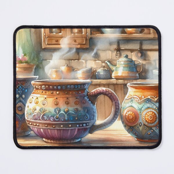 Item preview, Charming Kitchen with Steaming Colourful Mugs designed and sold by ArtComixHaven.