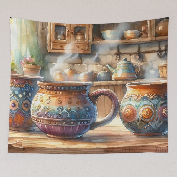Item preview, Charming Kitchen with Steaming Colourful Mugs designed and sold by ArtComixHaven.