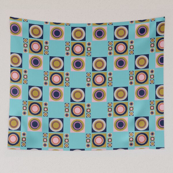 Item preview, Retro Modern Psychedelic Abstract Lunar Eclipse Tiles Pattern on Aqua designed and sold by scome.