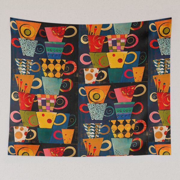 Item preview, Vibrant Cup Stack Extravaganza - Playful Abstract Patterns on Dark Canvas Generative AI designed and sold by OlfactoART Studio.