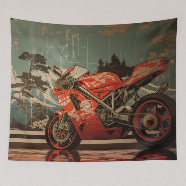 Aperçu de l'œuvre Moto de sport rouge Ducati dans un paysage de montagne japonais Impression artistique créée et vendue par Retrocranio.