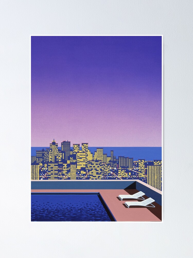 (希少)昭和レトロ壁掛け絵 Hiroshi Nagai Down Town Sunset city pop Purple exhibitionvaporwave
