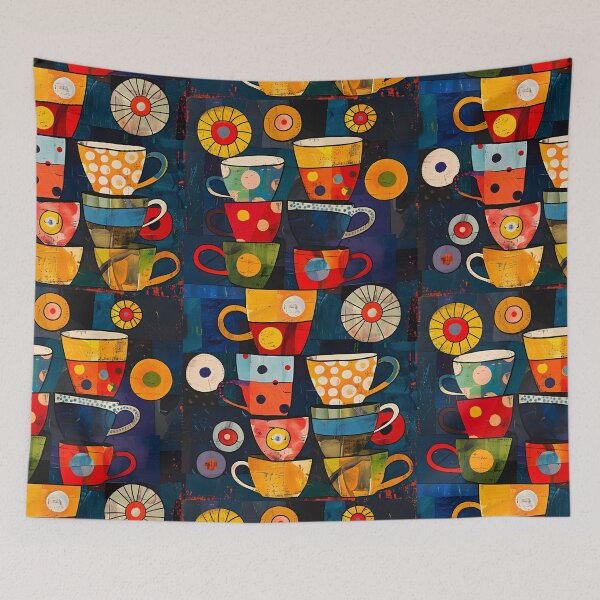 Item preview, Colorful Cup Tower Delight in Fauvism - Whimsical Designs on Dark Background designed and sold by OlfactoART Studio.