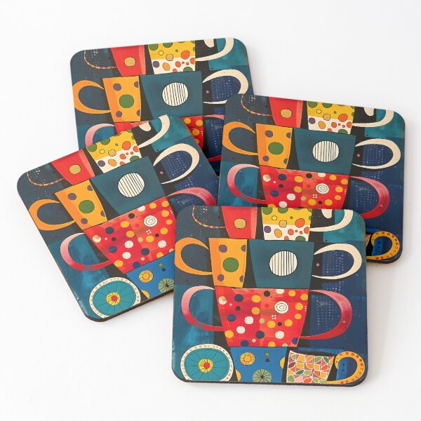 Item preview, Kaleidoscopic Coffee Cup Arrangement Bonanza - Vivid Patterns Against Dark Backdrop designed and sold by OlfactoART Studio.