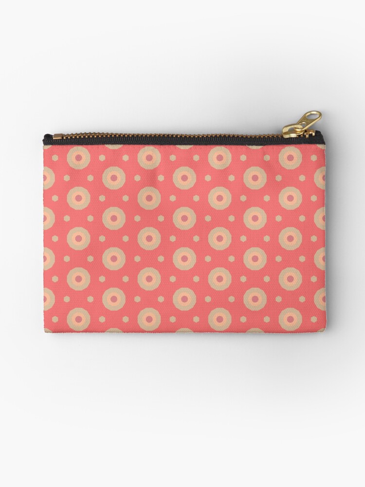 Zipper Pouch, Geometric Peach Plethora Bullseye Decagons and Hectagon Dots designed and sold by Triplicate Limited