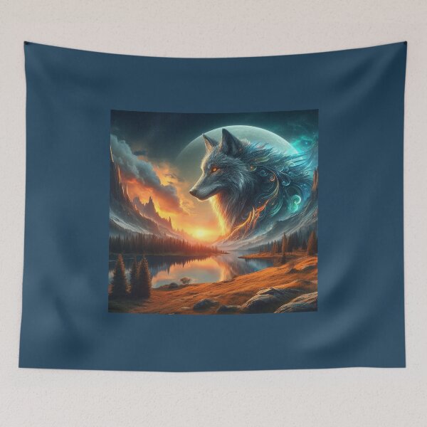 Item preview, Wolf, moon, sunset, cloud, river, trees, art designed and sold by Redbdon.