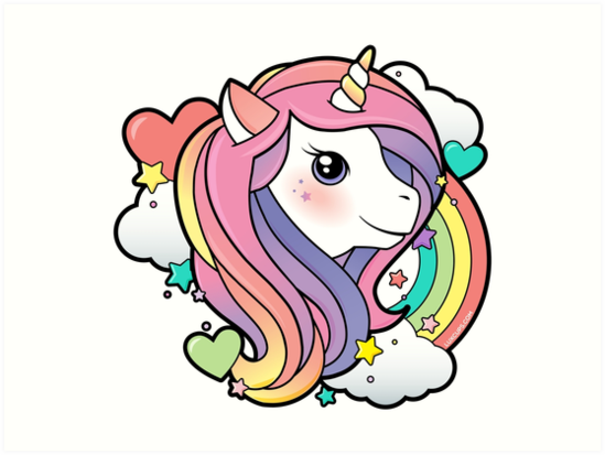 Láminas artísticas «Unicornio mágico del arco iris de Kawaii» de