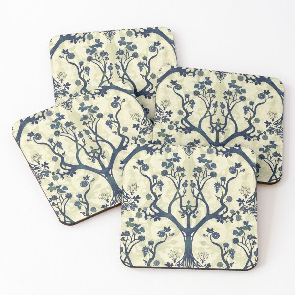 Item preview, Art Nouveau Tree & Flower Wallpaper – Light Green & Indigo Victorian Pattern designed and sold by amortka.