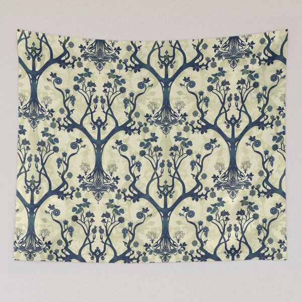 Item preview, Art Nouveau Tree & Flower Wallpaper – Light Green & Indigo Victorian Pattern designed and sold by amortka.