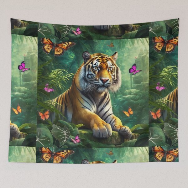 Item preview, Tiger and butterfly, plants, flowers, nature, pagoda, China designed and sold by Sugar Wisdom .