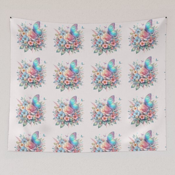 Aperçu de l'œuvre Beau papillon bleu irisé, fleurs roses et bleues créée et vendue par Jaydee001.
