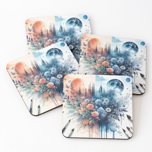 Item preview, Watercolor Heart Splits Day and Night: A Stunning Cityscape in Bloom designed and sold by Hatomomox.