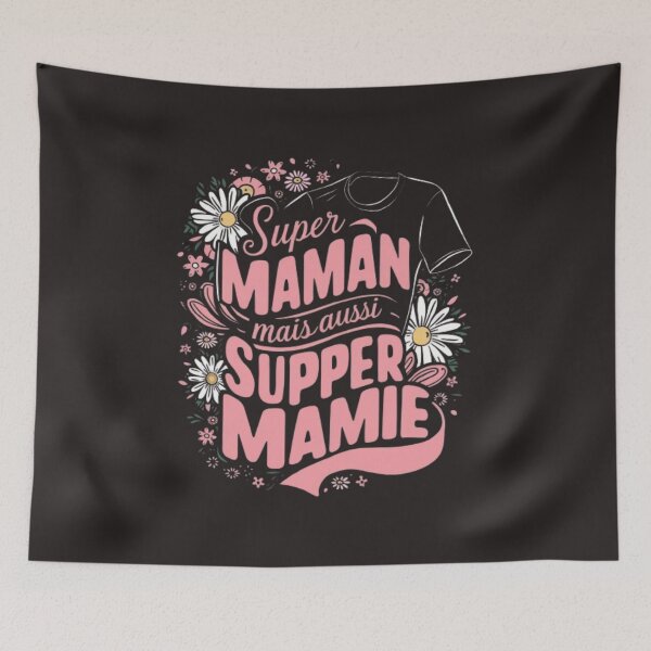 Item preview, "Whimsical Celebration of Motherhood: Trendy Black T-Shirt Design Featuring 'Super Maman Mais Aussi Super Mamie' in Vibrant Pink and Floral Elegance" designed and sold by Chandrakant750.