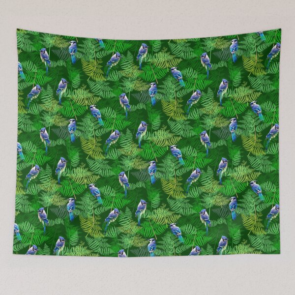 Item preview, Bluejays in the Ferns Half Drop on Hunter Green 004001 designed and sold by Art in My Loft.