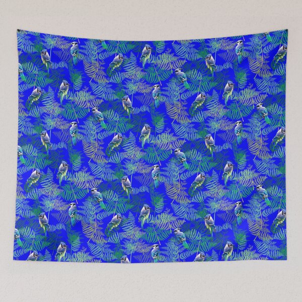 Item preview, Bluejays in the Ferns Half Drop on Royal Blue 0003ff designed and sold by Art in My Loft.