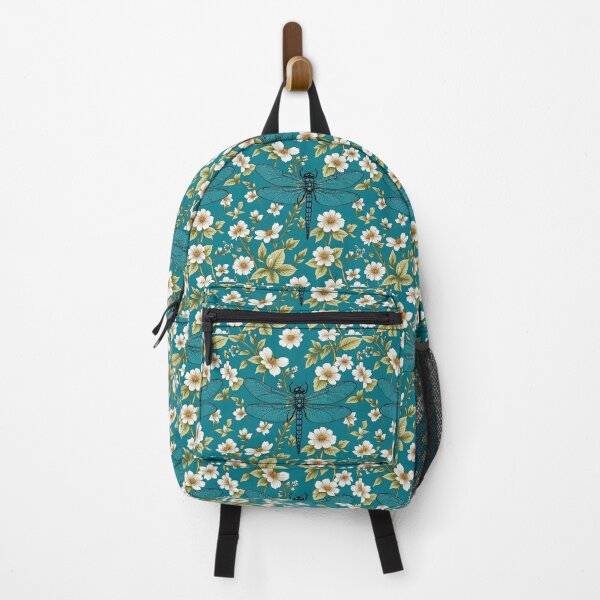 Item preview, Dragonfly and white flowers teal blue background  designed and sold by cheekylorns.