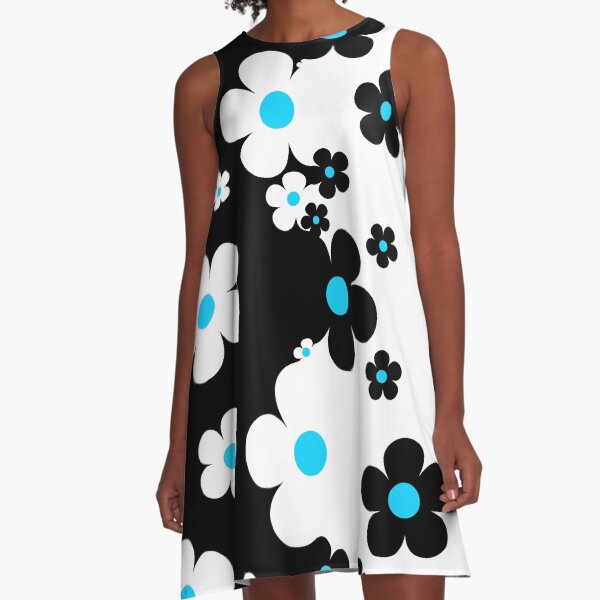 Item preview, 60's Retro Pop Small Flowers in Black and White with Blue Centers designed and sold by MellowCat.
