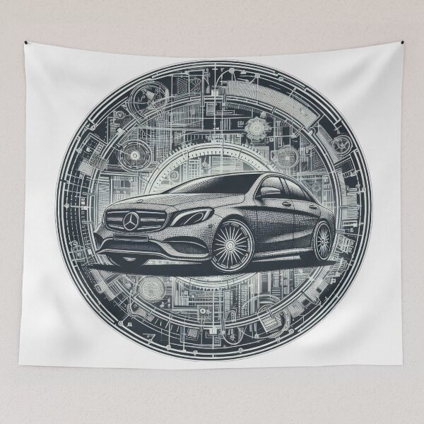 Item preview,  Mercedes logo with drawing and mechanisms  black and white wallpaper designed and sold by Expressions-Sel.
