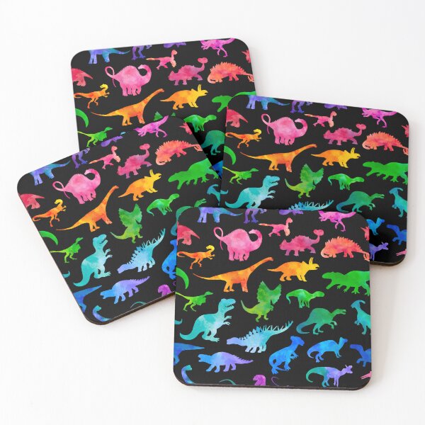Item preview, Dinosaur Ombre Rainbow Watercolor Silhouettes on Black designed and sold by SamAnnDesigns.