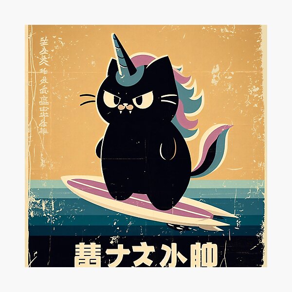 Item preview, Vintage Japanese Black Unicorn Cat Surfer designed and sold by IAPICTURE.