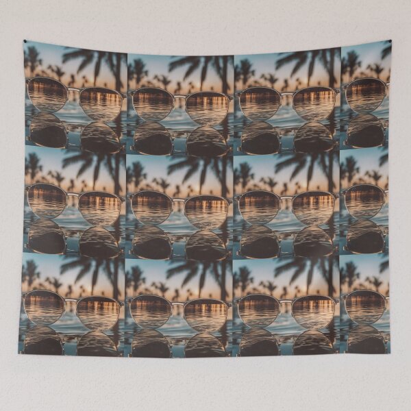 Item preview, Tropical background, Sunglasses in water, Reflective surface, Palm tree silhouette, Summer vibes, designed and sold by Bohospiritart.