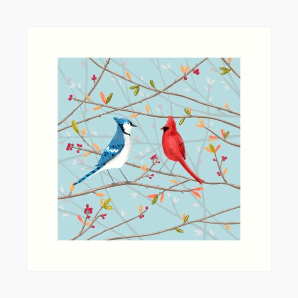 Red Cardinal with Blue Jay Birds - Art Print of Watercolor Painting - new  year winter holidays birds nature Christmas purple berries cards